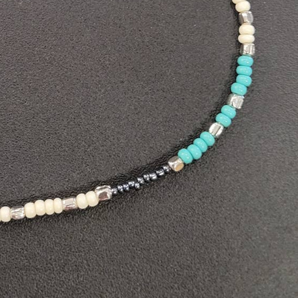 Cream, Silver, Hematite & Turquoise Color Sead Bead Anklet - Picture 2 of 2